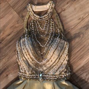 Gold chiffon long formal dress with pockets